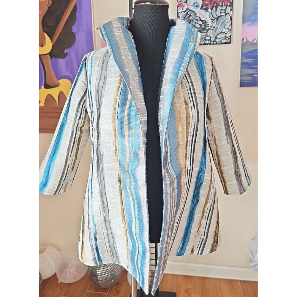 IC BY CONNIE K Jacket Coat Tapestry Striped Teal Gold Silver Size S YJ01